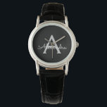 Montre Noir Argent moderne Script Girl Monogramme Nom<br><div class="desc">Monogramme simple noir et argent Monogramme Nom Montre. Cela fait le cadeau parfait de remise de diplômes,  anniversaire,  mariage,  douche nuptiale,  anniversaire,  baby shower ou bachelorette pour quelqu'un qui aime le luxe glam et les styles chic.</div>