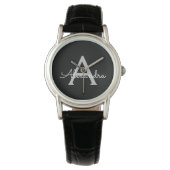 Montre Noir Argent moderne Script Girl Monogramme Nom (devant)