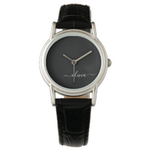 Montre Noir Blanc moderne Script Girl Monogramme Nom