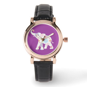 Montre Noir élégant de bel éléphant fleuri
