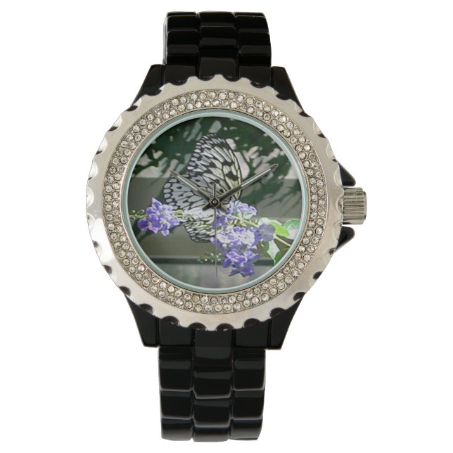 Montre Noir en Rhinestone pour femmes avec papillo (devant)