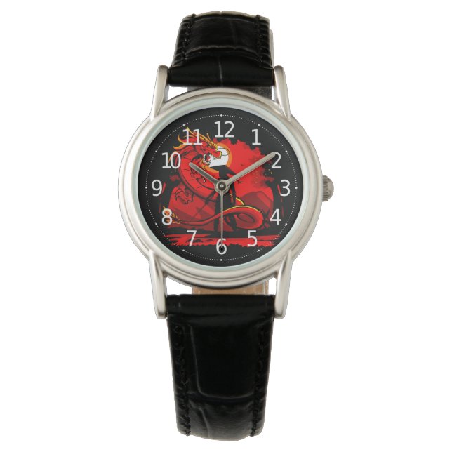 Montre Noir Samurai Dragon Rouge Style japonais | (devant)