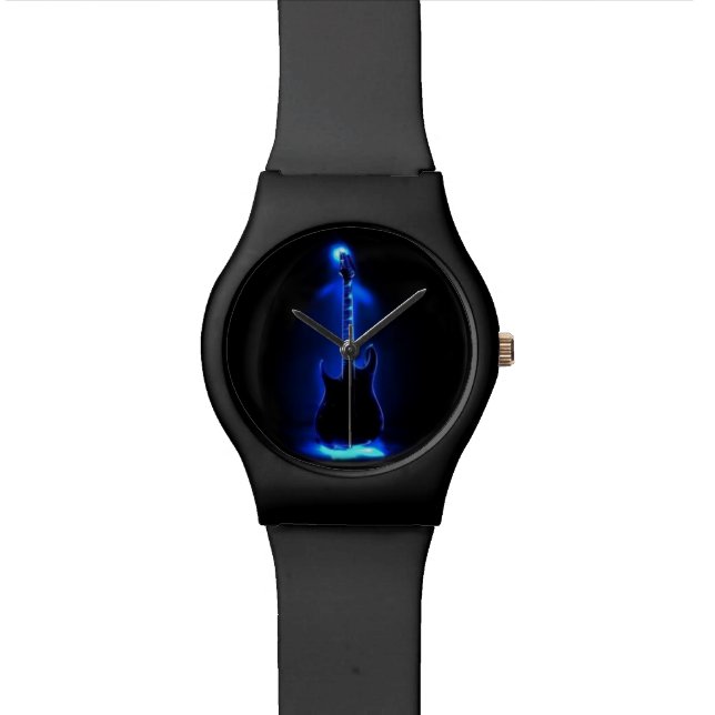 Montre noire mate avec la guitare brumeuse bleue (Fermer)