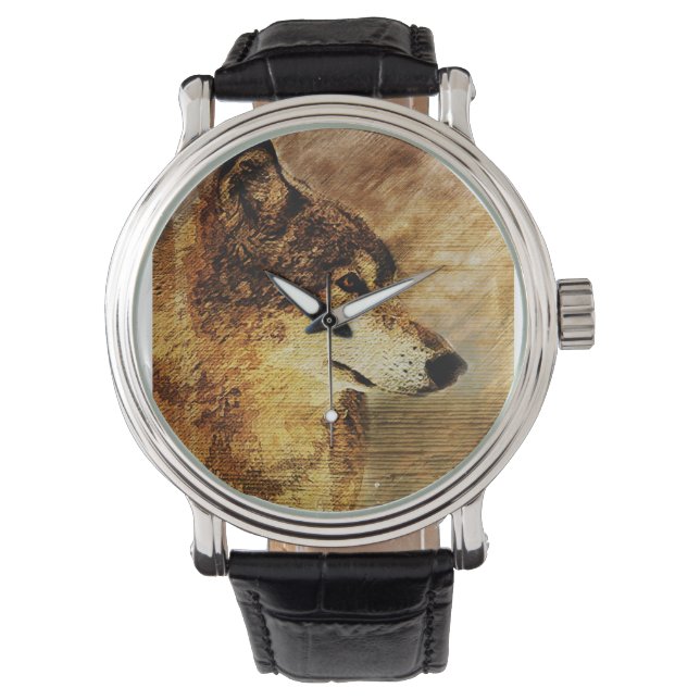 Montre noire pour hommes avec illustration de loup (devant)