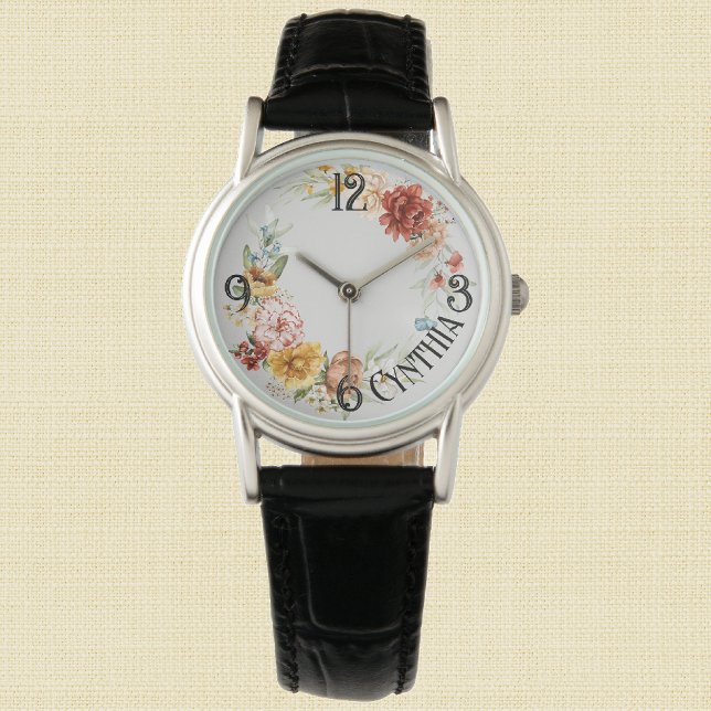 Montre Nom, Aquarelle Floral Hollandais Black Leather Wat (Créateur téléchargé)