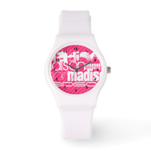Montre Nom blanc personnalisé Motif sur bandes roses chau