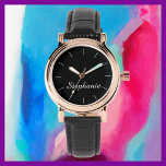 Montre Nom blanc Stylish Glam Rose Gold Black Band Poigne<br><div class="desc">Cette élégante montre élégante au poignet doré rose glam est décorée d'un arrière - plan noir, d'un groupe noir et personnalisée avec votre nom. Vous pouvez facilement changer le nom et supprimer les marques de tiques blanches si vous le souhaitez. Quel merveilleux cadeau moderne pour elle - une demoiselle d'honneur,...</div>