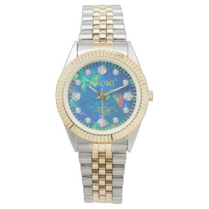 Montre Nom bleu de coutume de diamant d'opale de feu de