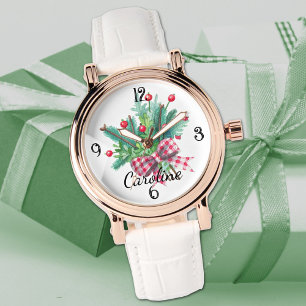 Montre Nom, Bouquet Rouge & Vert Cuir Blanc Femme
