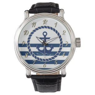 Montre Nom de bateau nautique, ancre bleu marine rayé