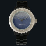 Montre Nom de monogramme girly pailleté bleu marine argen<br><div class="desc">Montre personnalisée avec monogramme et paillettes bleu marine et argenté. Cela fait le cadeau parfait pour un diplôme,  un anniversaire,  un mariage,  une fête de mariage,  un anniversaire de mariage,  une baby shower ou une soirée entre filles pour quelqu'un qui aime le luxe clinquant et les styles chics.</div>