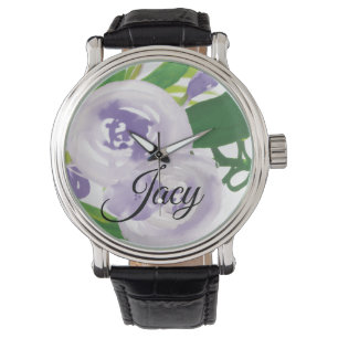 Montre Nom de script Bourgeons de rose violette Fête des