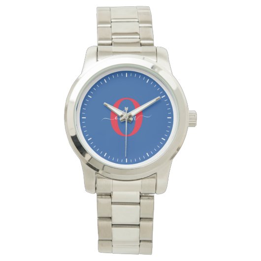 Montre Nom de script de monogramme personnalisé bleu blan (devant)