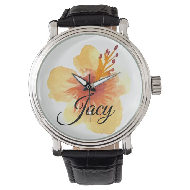 Montre Nom de script d'hibiscus à l'aquarelle Fête des mè (devant)