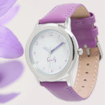 Montre Nom d'enfant personnalisé Acier Cuir pourpre Fille<br><div class="desc">Personnalisée, personnalisée, les filles amusantes cool élégant bracelet en cuir violet, coque en acier inoxydable, montre à poignet. Entrez simplement le nom. Allez-y créez une merveilleuse montre personnalisée pour la princesse du lil dans votre vie - fille, soeur, nièce, petite-fille, fillette, belle-fille. Fait un grand cadeau personnalisé pour l'anniversaire, la...</div>
