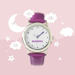 Montre Nom d'enfant personnalisé Acier Cuir pourpre Fille<br><div class="desc">Personnalisé,  Enfants,  Nom,  acier en cuir violet filles regarder. Personnalisez-le avec le nom de votre enfant.</div>