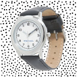 Montre Nom du garçon personnalisé Acier Bracelet en cuir<br><div class="desc">Nom du garçon personnalisé Acier inoxydable Bracelet en cuir noir Enfants Montre</div>