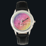 Montre Nom du monogramme de la Parties scintillant arc-en<br><div class="desc">Ajoutez une touche de couleur à votre montre avec parties scintillant arc-en-ciel avec monogramme et nom de script. Personnalisez avec votre nom, monogramme, initial ou texte. Vous pouvez modifier la couleur du texte et le style de police à l'aide de l'option customiser. Veuillez noter que la parties scintillant est un...</div>