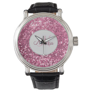 Montre Nom du monogramme de Parties scintillant rose pâle