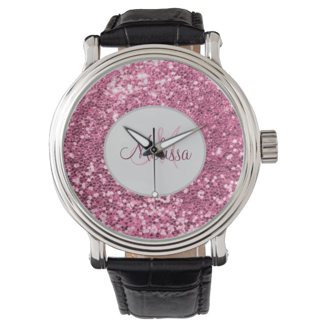 Montre Nom du monogramme de Parties scintillant rose pâle (devant)