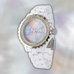 Montre Nom du monogramme en bleu sur Mère de Pearl |<br><div class="desc">Une belle montre Rhinestone White Enamel pour les femmes avec le nom monogramme en bleu sur la mère de perle arrière - plan.</div>