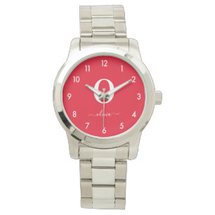 Montre Nom du script Monogramme Personnalisé Rouge Et Bla