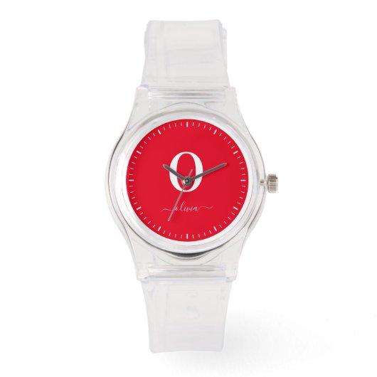 Montre Nom du script Monogramme Personnalisé Rouge Et Bla (Recto)
