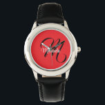 Montre Nom initial minimaliste moderne monogramme rouge<br><div class="desc">Monogramme moderne minimaliste nom initial noir blanc. Nom personnalisé personnalisable avec une initiale cursive derrière sur une couleur rouge.</div>