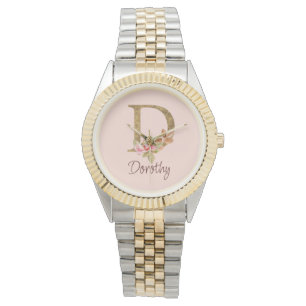 Montre Nom personnalisé Blush Roses Rose lettre D en feui