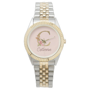 Montre Nom personnalisé Blush Roses Roses Lettre C en or
