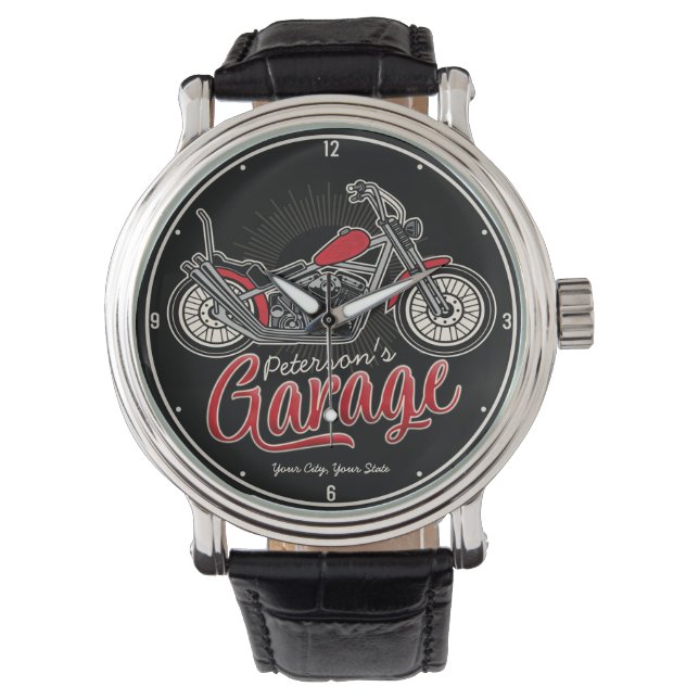 Montre NOM Personnalisé Classic Biker Motorcycle Garage (devant)