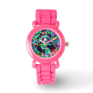 Montre Nom personnalisé de panda arc-en-ciel pour filles