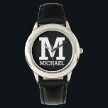 Montre Nom personnalisé et texte en gras monogramme KIds<br><div class="desc">Nom personnalisé et Monogrammed Bold Text Kids Black and Silver Watch.</div>