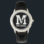 Montre Nom personnalisé et texte en gras monogramme KIds<br><div class="desc">Nom personnalisé et Monogrammed Bold Text Kids Black and Silver Watch.</div>