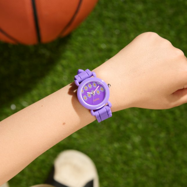 Montre Nom personnalisé fleurs bleues sur violet (Poignet)
