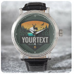 Montre Nom personnalisé Hunter Wilderness Elk Hunter La c<br><div class="desc">Design personnalisé Hunter Deer Elk Hunting Club - Elk with Antlers,  Green Pine Trees,  Gorgeous River et Golden Sunset - Personnaliser avec votre nom ou texte personnalisé!</div>