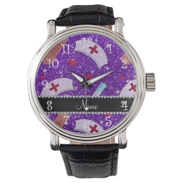 Montre Nom personnalisé indigo violet parties scintillant (devant)