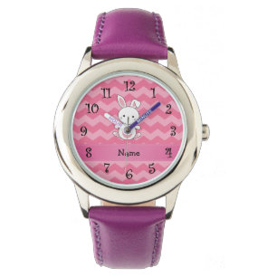Montre Nom personnalisé lapin chevrons roses
