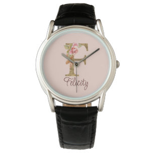 Montre Nom Personnalisé Lettre F Gold Foil Blush Roses Ro