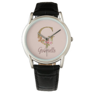 Montre Nom personnalisé Lettre G Or Foil Blush Roses rose