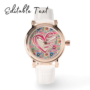 Montre Nom personnalisé Maman Enfants Floral sur toute l'