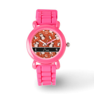 Montre Nom personnalisé neon orange pingouins de parties 