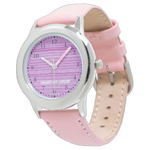 Montre Nom personnalisé rayures roses textiles