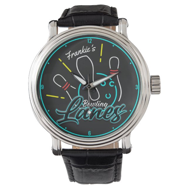 Montre Nom personnalisé Retro Faux Neon Bowler Bowler Lan (devant)