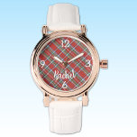 Montre Nom, Stewart Tartan Plaid, Femme en cuir blanc<br><div class="desc">Montre ronde en or rose avec arrière - plan en plaid royal Stewart, numéros primaires blancs, nom de script et bracelet en cuir blanc vintage. Modifiez facilement le nom du script incurvé, remplacez par des initiales monographiques ou supprimez-le pour le rendre vôtre en utilisant le Modèle fourni. Ce style doré...</div>