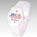 Montre Nom, USA Stars & Stripes White Silicone Strap<br><div class="desc">Meilleur prix ! Drapeau américain design de pochoir sur cette montre tendance avec une sangle de boucle en silicone blanc et un nom personnalisé. Modifiez facilement le nom, remplacez par des initiales ou supprimez à l'aide du Modèle fourni. Une montre à bracelet noir et clair est également disponible. L'impression sur...</div>
