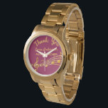 Montre Notes de musique or de retraite professeur de musi<br><div class="desc">Un cadeau de retraite simple et élégant pour une enseignante de musique féminine! Un arrière - plan de couleur bordeaux classique avec des notes de musique d'or. Modèle pour un nom,  et le texte : Merci,  lettres d'or. Le Merci est écrit avec un script de style manuel moderne.</div>