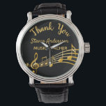 Montre Notes de musique or de retraite professeur de musi<br><div class="desc">Un cadeau de retraite simple et élégant pour un professeur de musique masculin ou féminin! Un arrière - plan classique de couleur noire avec des notes de musique faux or. Modèle pour un nom, et le texte : Merci, lettres d'or. Le Merci est écrit avec un script de style manuel...</div>