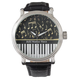 Montre Notes musicales et touches de piano Noir et Or