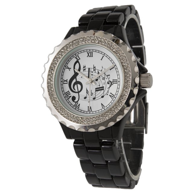 Montre Notes musicales noires en forme ovale (Incliné)